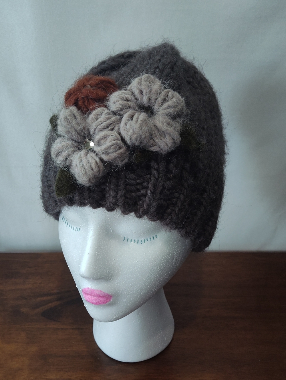 Handmade Gray Knit Flower Beanie - Women Accessories